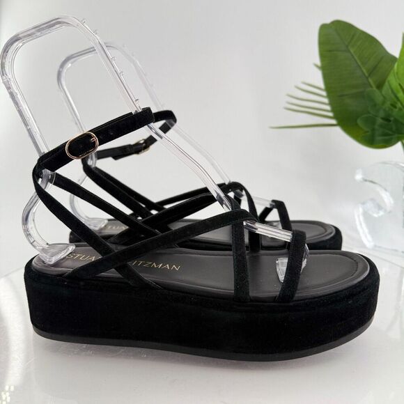 Stuart Weitzman Summerlift Platform Strappy Sandal Round Toe Black Size 10 Flat - Picture 3 of 16